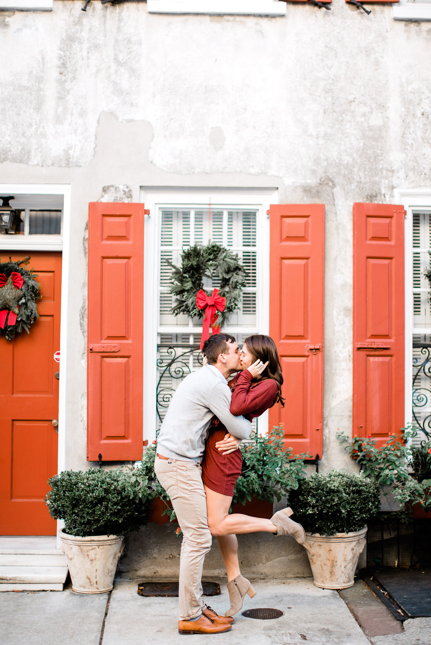 Couple Session Charleston Downtown, red window shutter