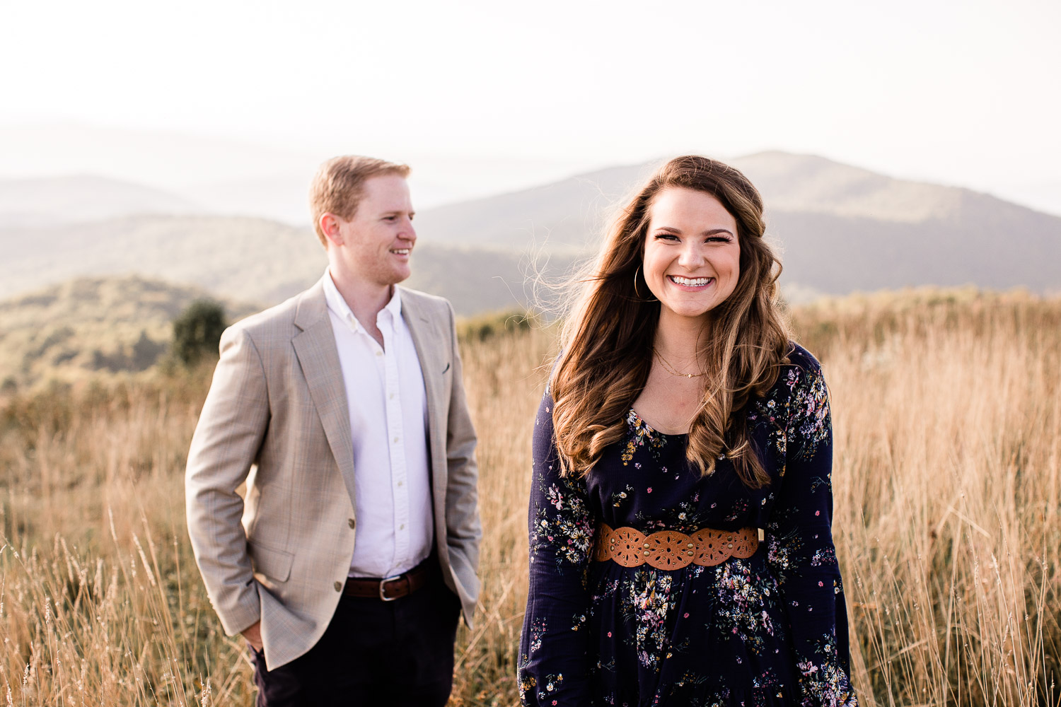 Max Patch Engagement session, couple standing in high grass