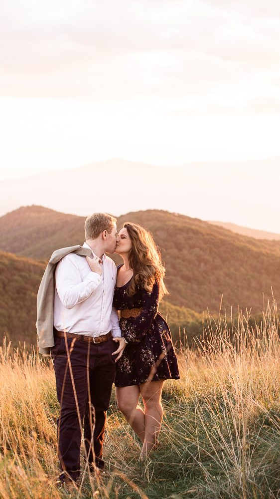 Max Patch Engagement session, couple kissing at sunset