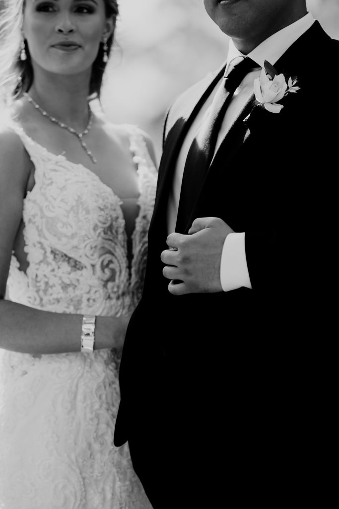 elegant black and white photo of bride and groom at Magnolia Plantation wedding