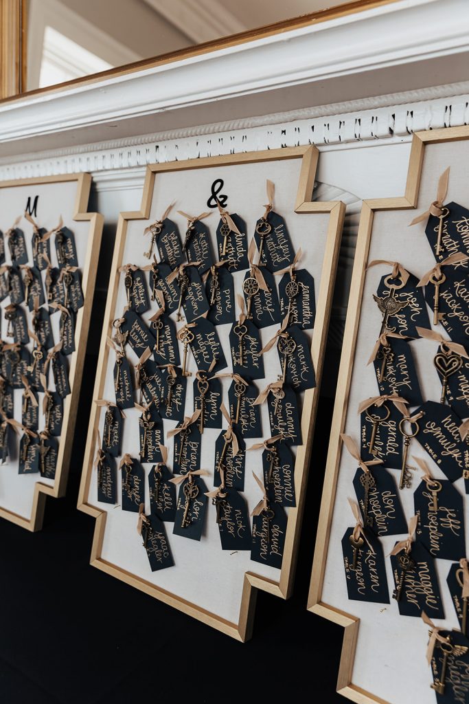 Wedding seating chart with keys and notes in black