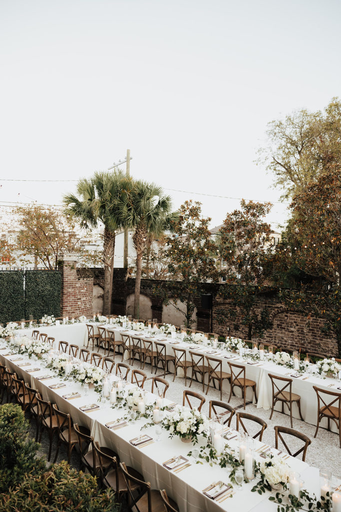 Gadsden House courtyard decorated for wedding reception in fall