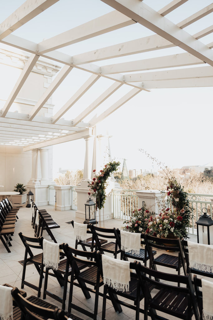 the Piazza at Hotel Bennett set up for elopement ceremony overlooking Charleston
