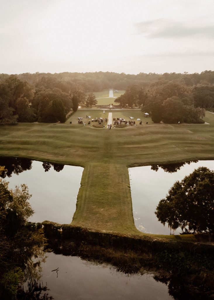 Drone photo of cocktail hour at middleton place during sunset