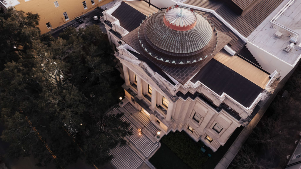 Gibbes Museum entrance and dome photographed from above. 
