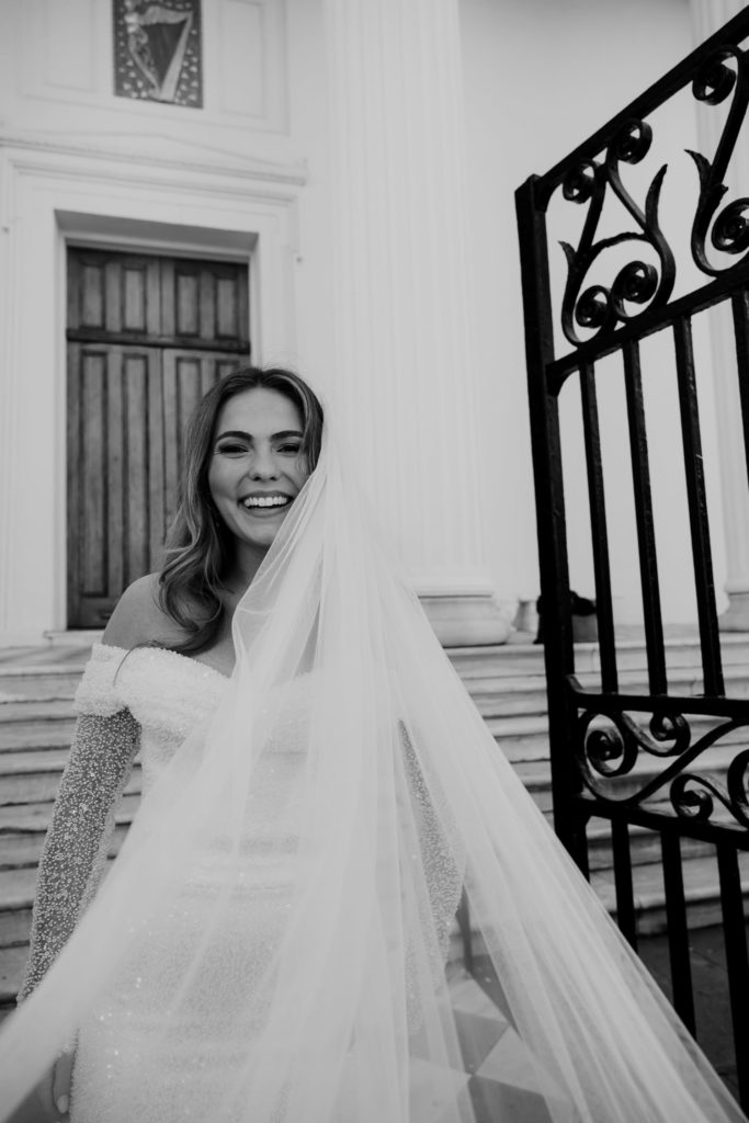 Black and white protrait of bride at Hibernian Hall