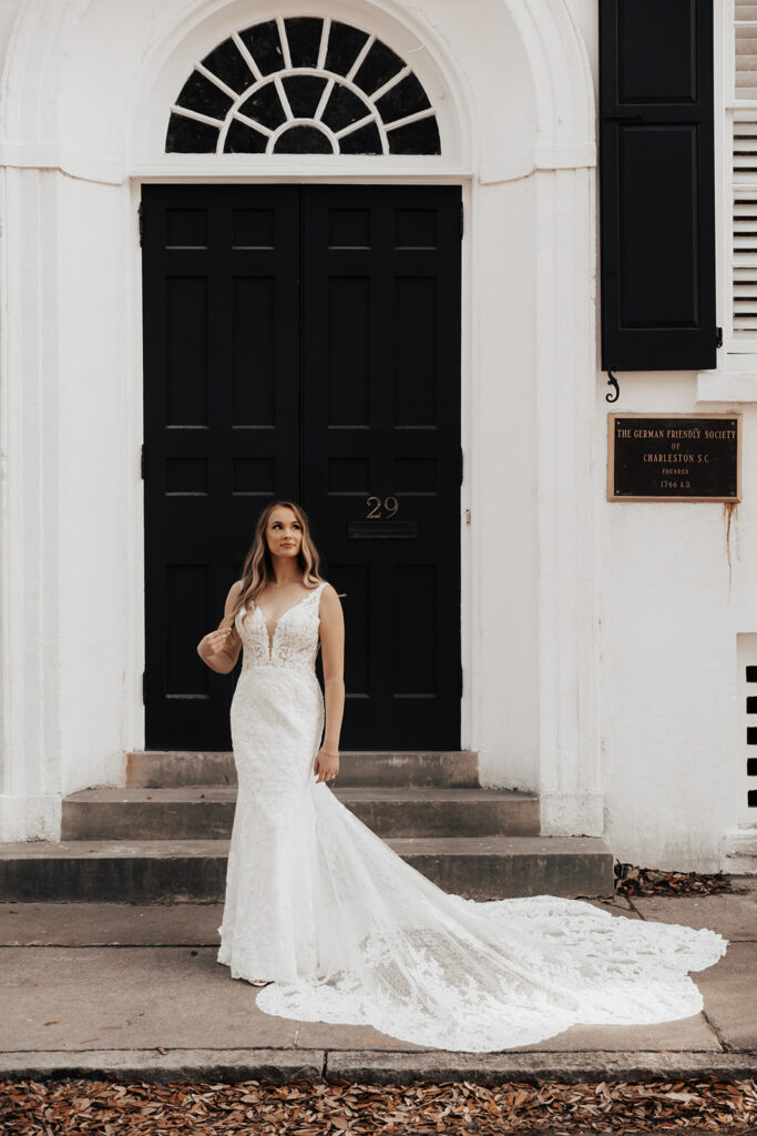 Bridal photo session in Charleston with typical historic door