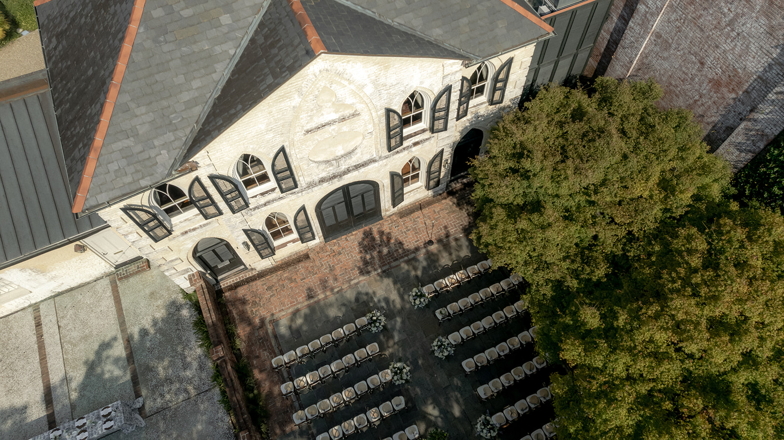 Wedding ceremony at the William Aiken House photographed with drone