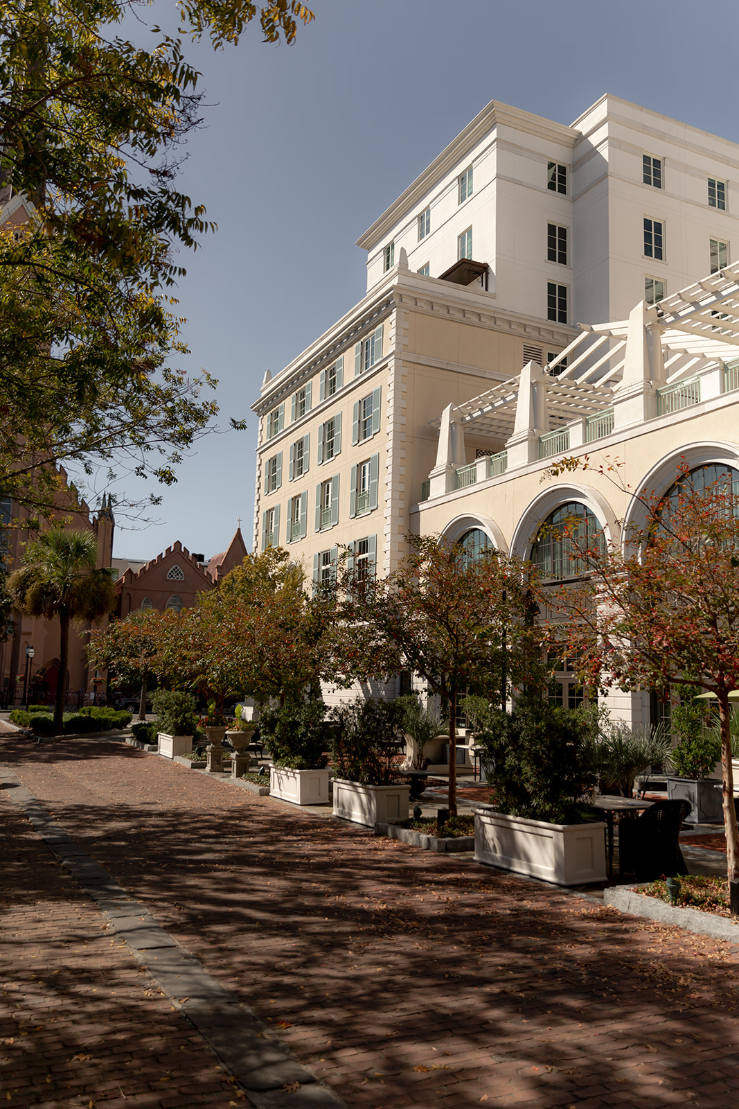 Look at Hotel Bennett in Charleston from Marion Square boardwalk