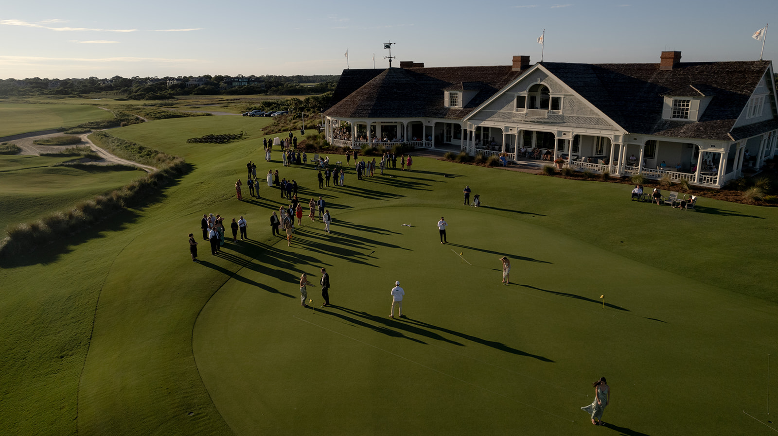 Drone photo of putting contest held during cocktail hour at Kiawah Ocean Course wedding