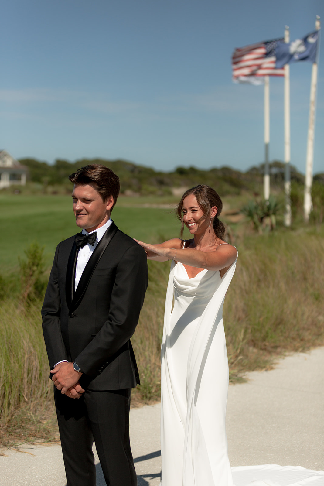 First look of bride and groom at Kiawah Island wedding