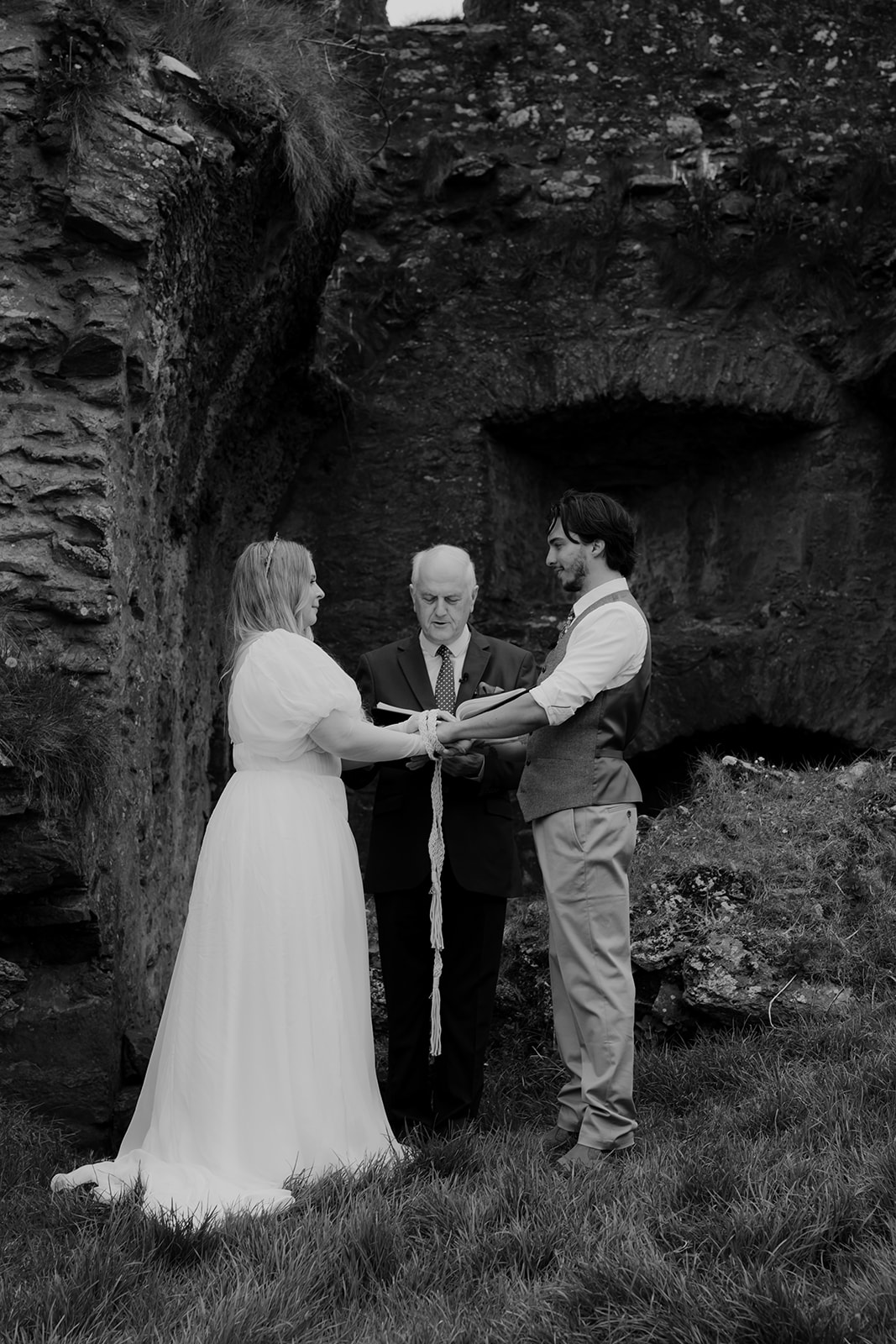 Black and white photo of Handfast Ceremony at Ireland Elopement
