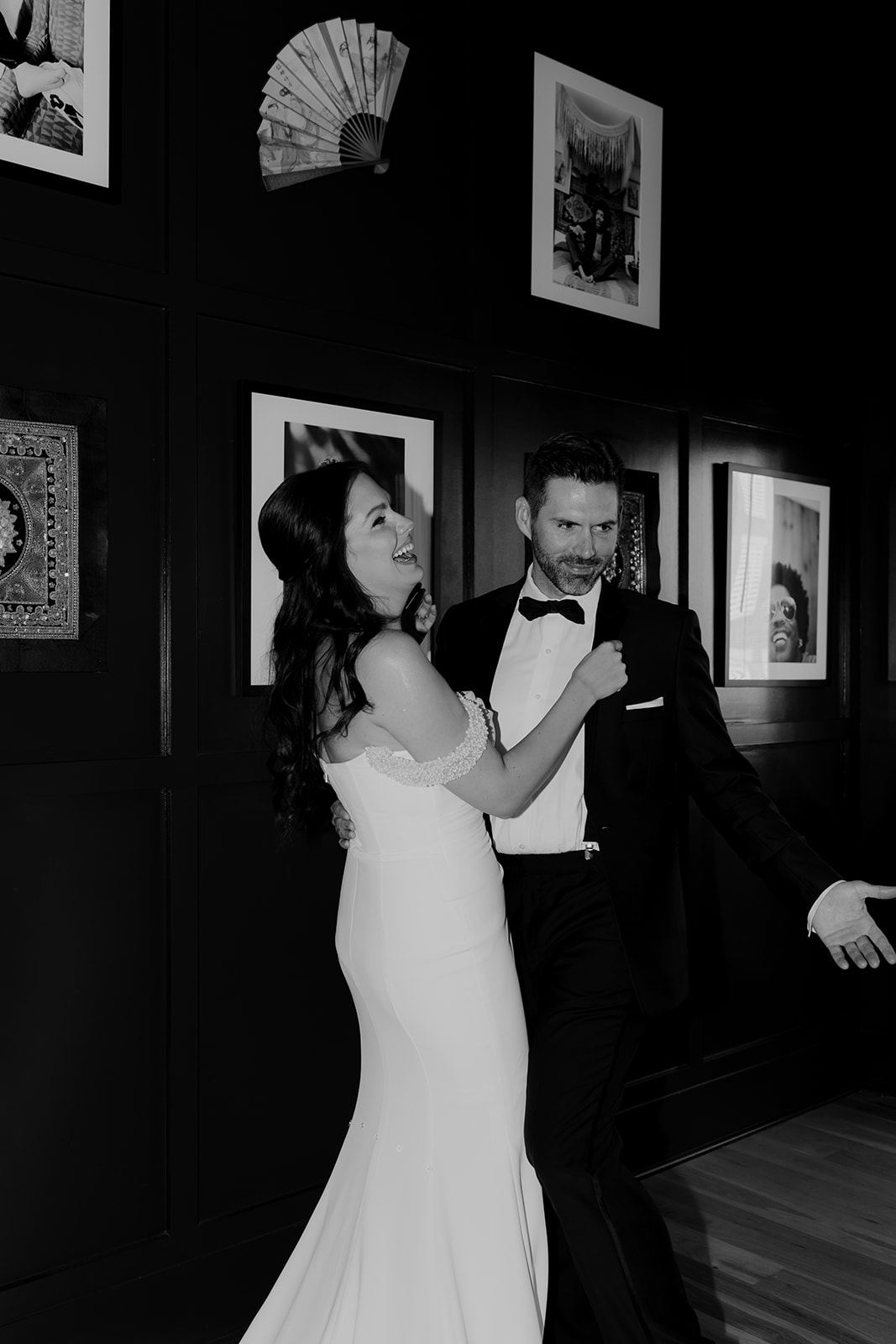 Black and white photo of bride and groom after first look at Charleston Elopement
