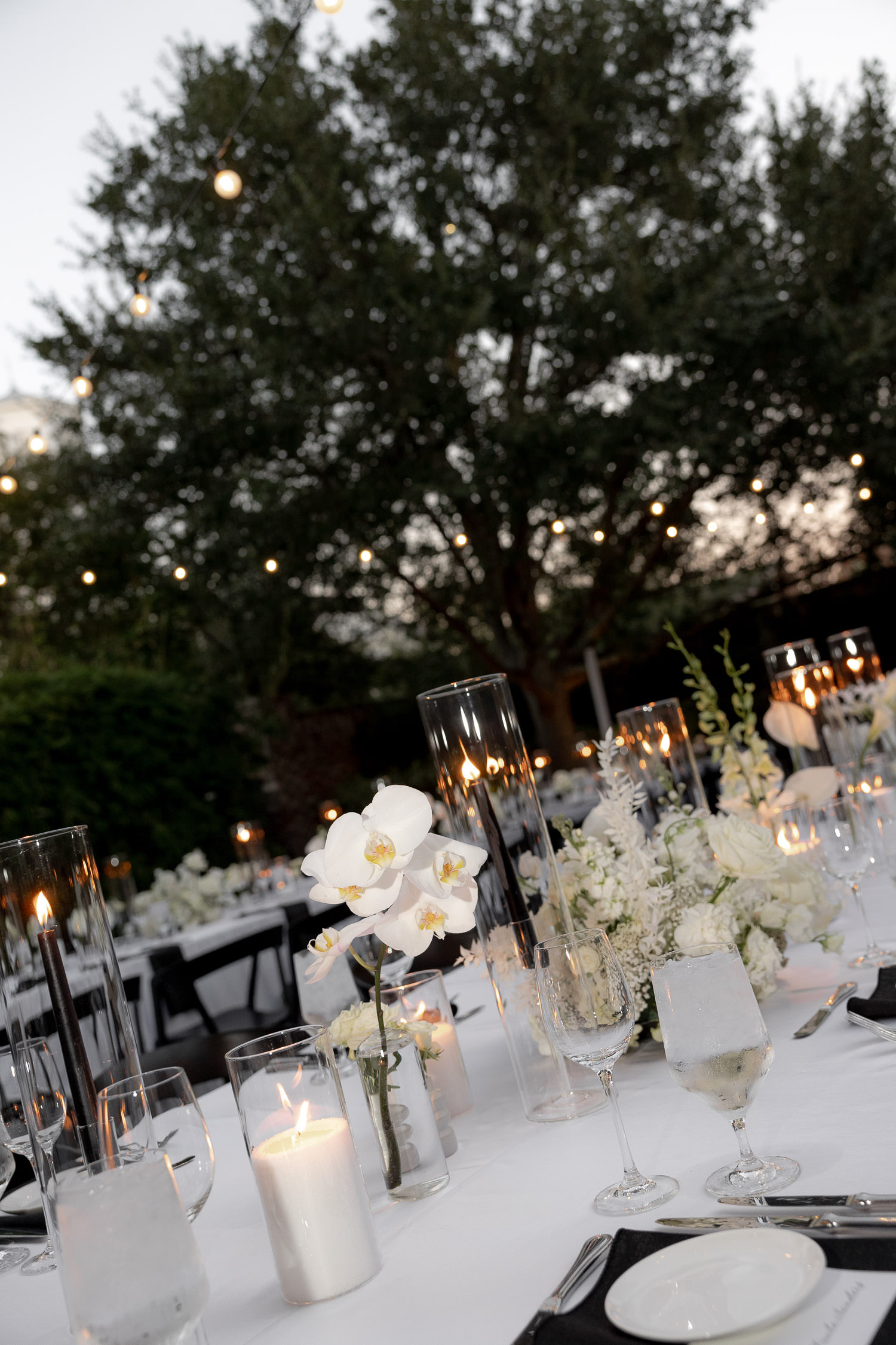 Dewberry wedding reception decor and table setup with white flowers and candles