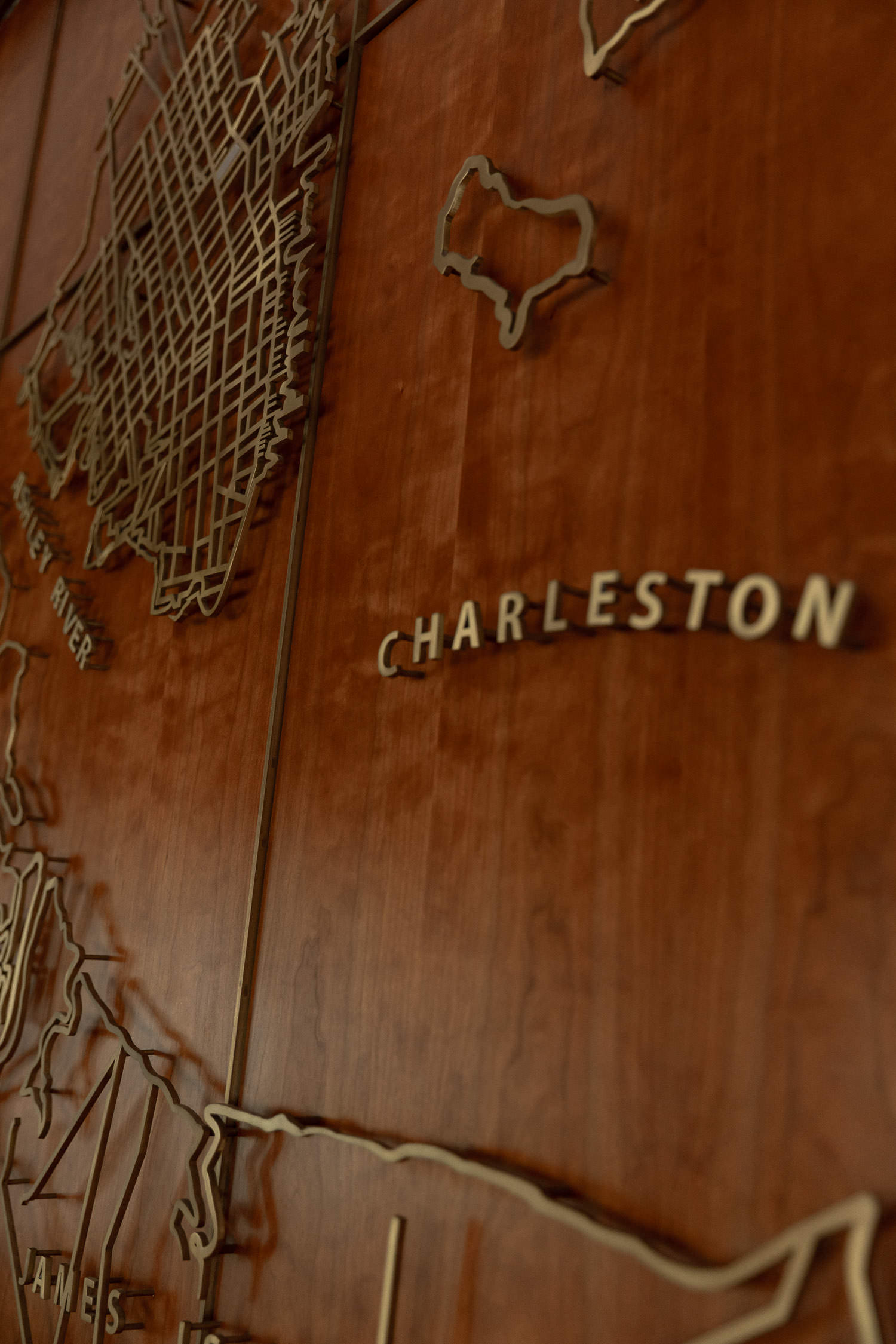 Detail photo of the Charleston map at the Entrance at The Dewberry