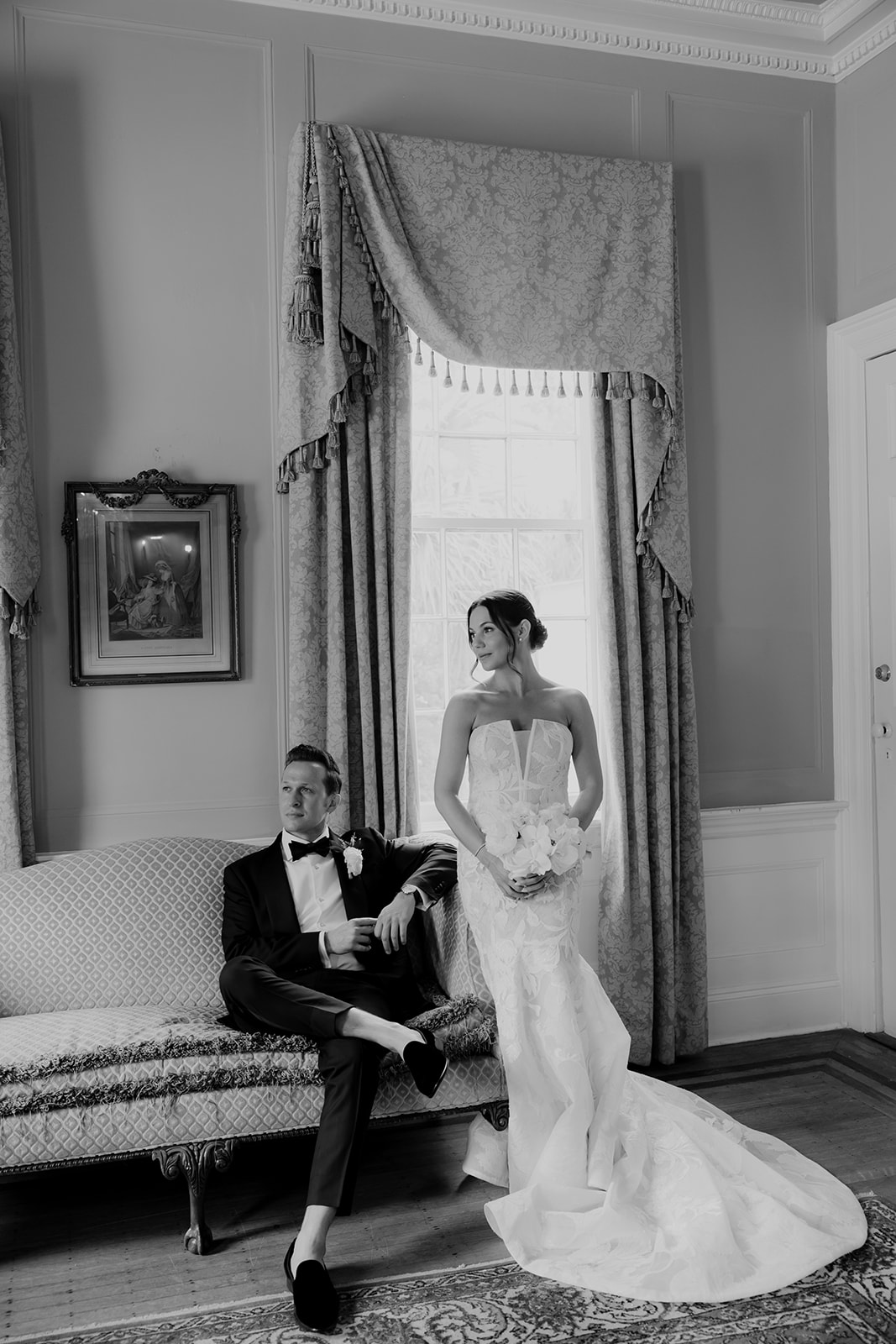 Black and white wedding portrait taken insde at Lowndes Grove