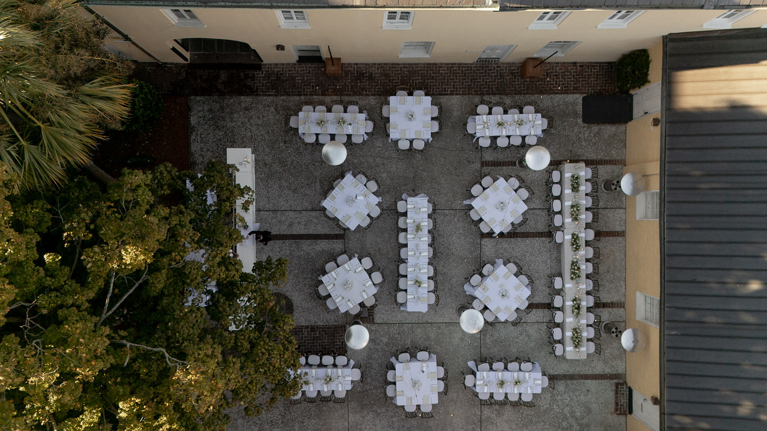 Wedding reception at William Aiken House captured with drone. Charleston wedding photography.