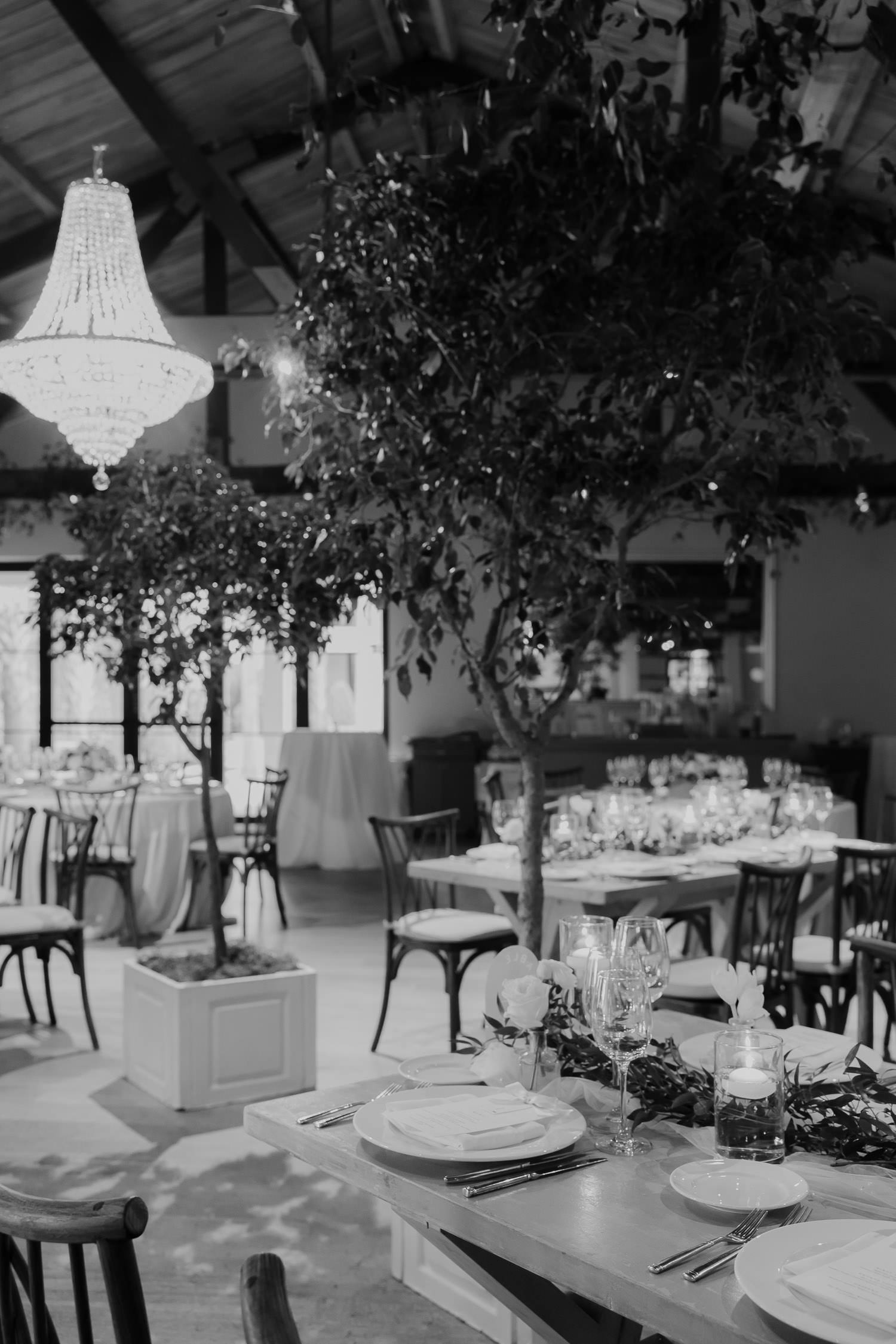 Black and white photo of Cannon Green trolley room prepared for wedding reception