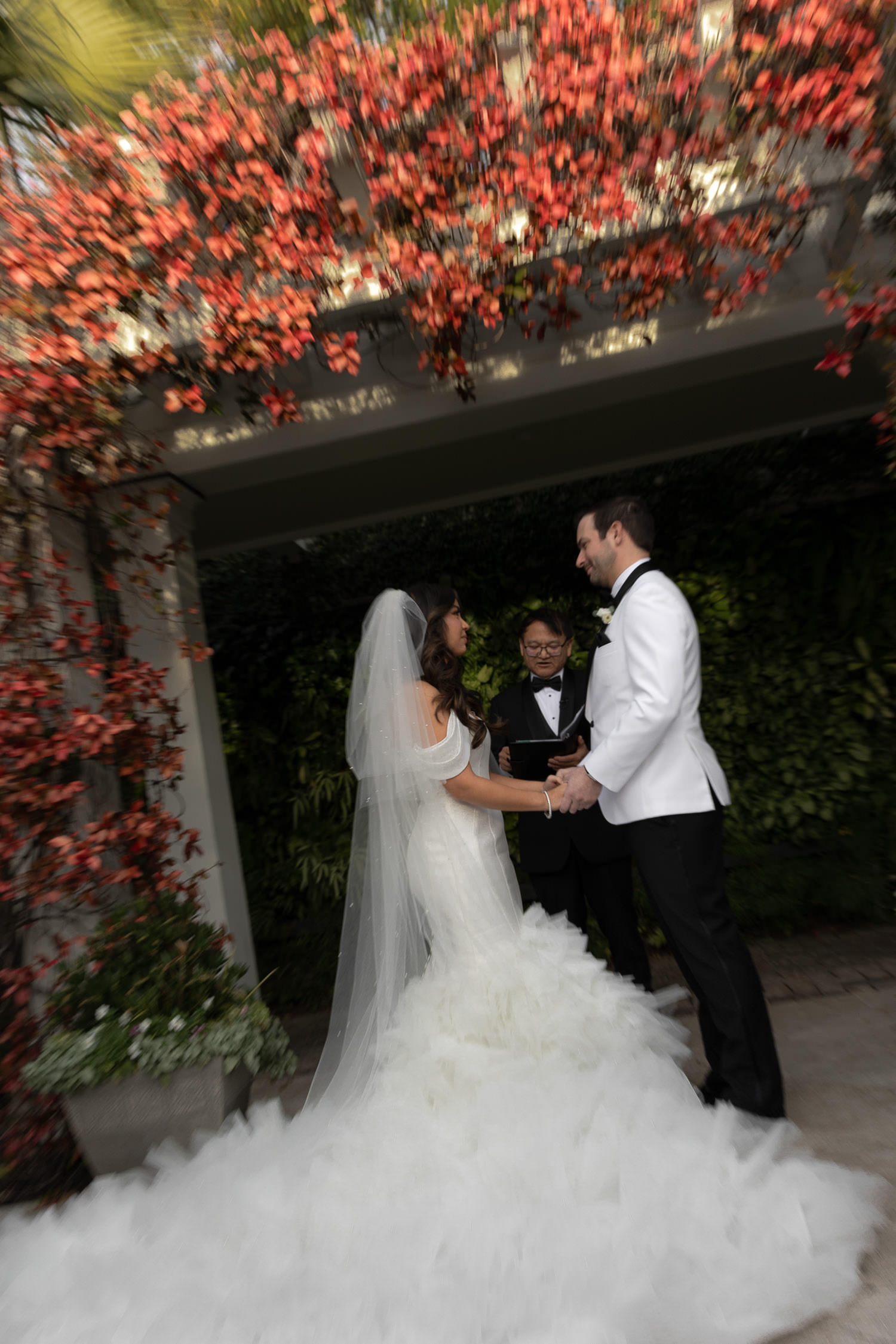 Bride and groom holding hands under red turned ivy arbor at the Cannon Green