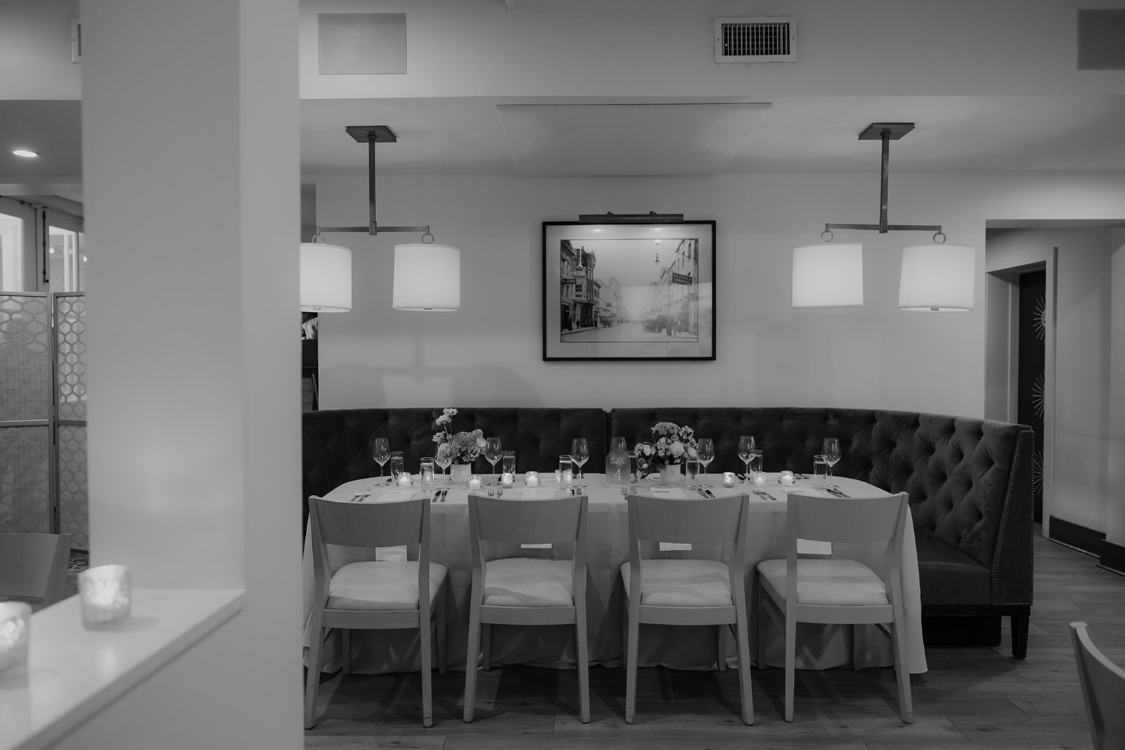 Black and white photo of Rehearsal Dinner at Parcel 32