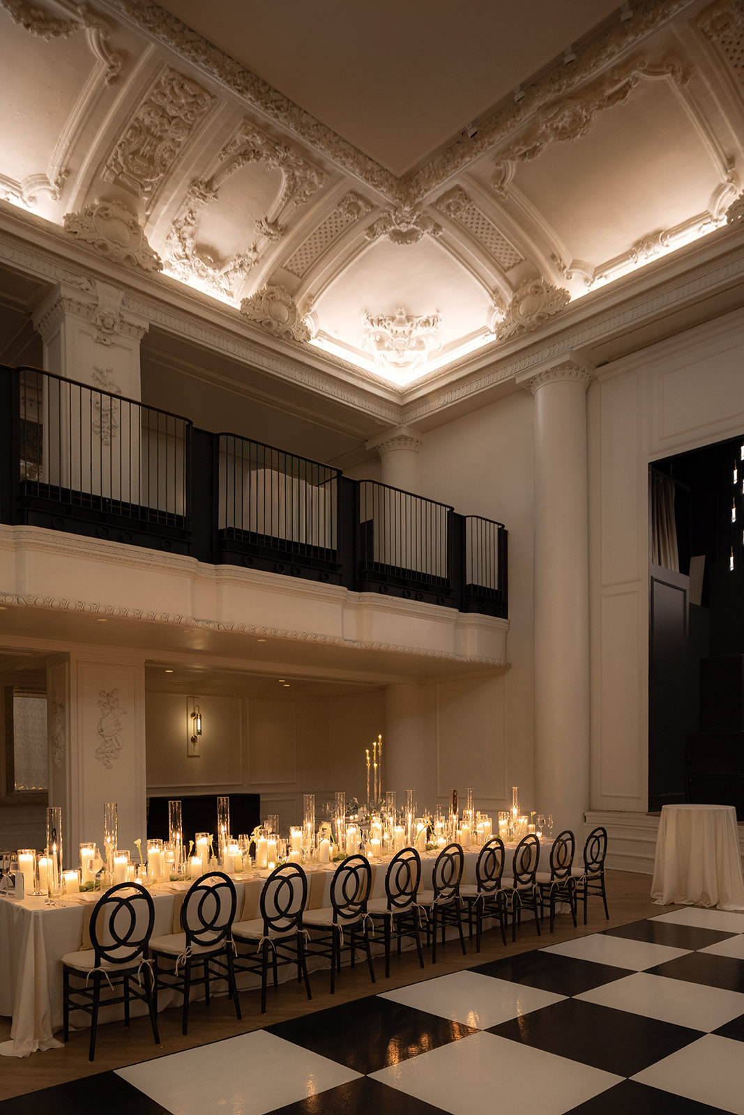 chic, and sophisticated. Black, ivory, and nude tones at wedding reception in Philadelphia