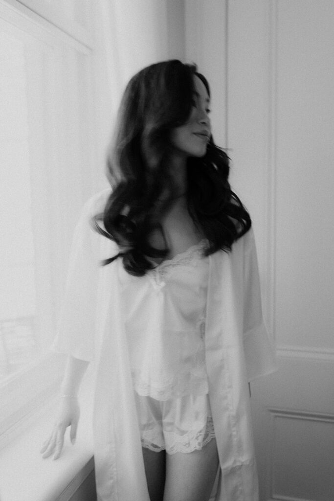 Bride getting ready at the Parsonage captured in black and white